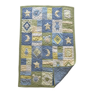 Pottery Barn Kids Bear Star Moon Quilt Blanket Baby Blue Yellow Green Nursery